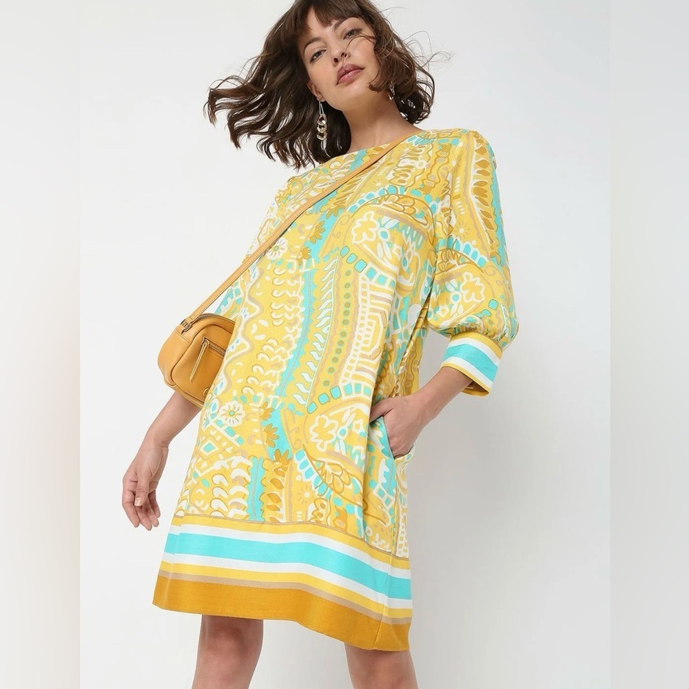 Vero Moda Yellow and Teal Patterned Dress Size XL